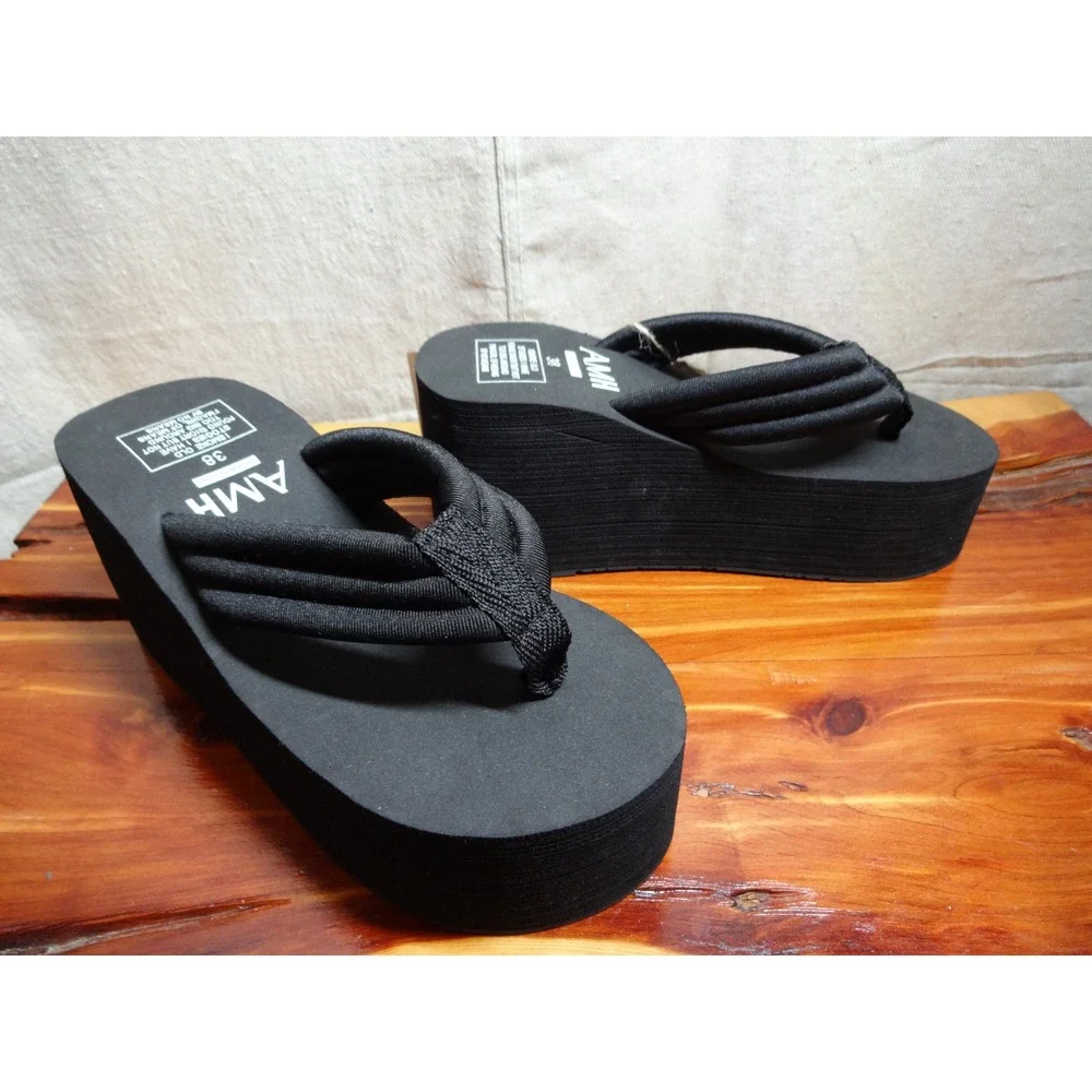 AMH Platform Flip Flops Women 7.5 Black Chunky Wedge Y2K Goth